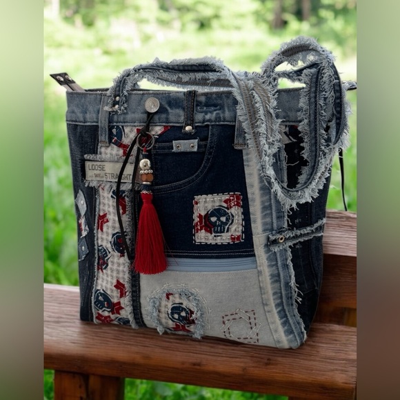 Denim patchwork Upcycled Denim Tote–Skull design shoulder-tote bag boho chic bag - Picture 1 of 16